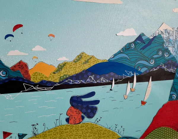 tableau papier collage fille au bord du lac