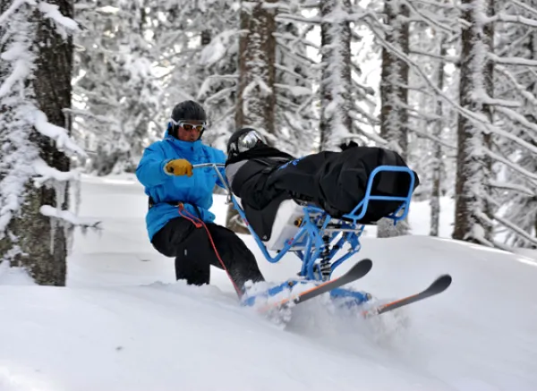 Descnente en Tandem'flex dans la poudreuse en forêt
