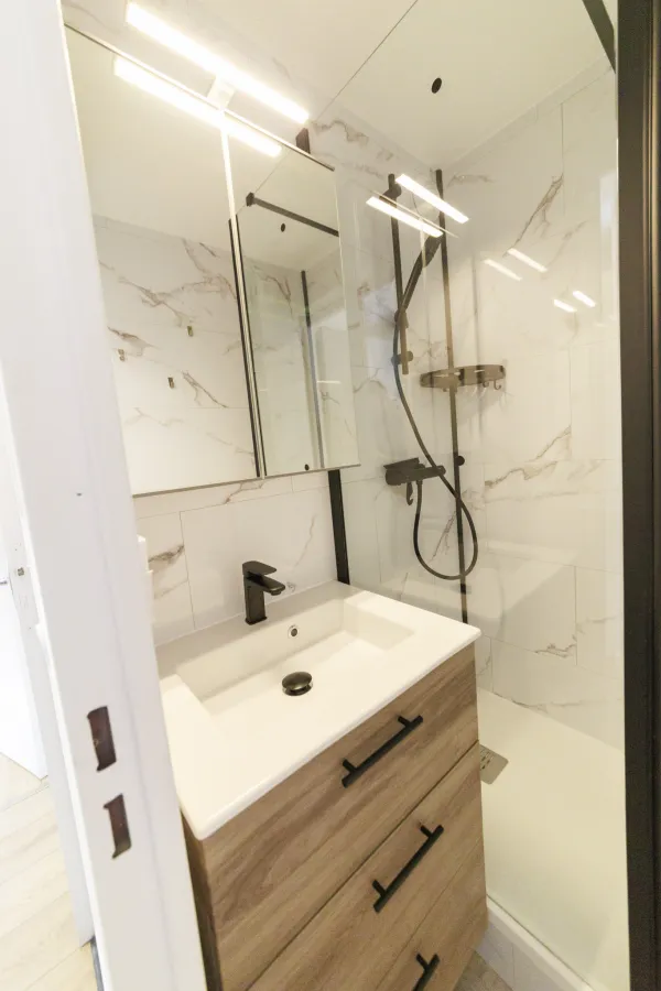 Salle de bains, meuble avec vasque, grand miroir, douche