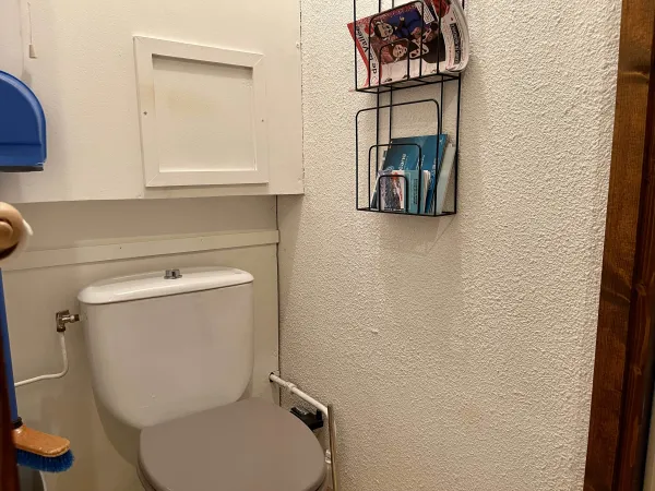 Toillettes séparées avec porte-revues et rangement pour balais